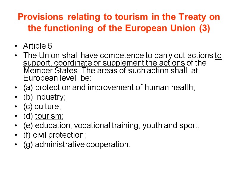 Provisions relating to tourism in the Treaty on the functioning of the European Union